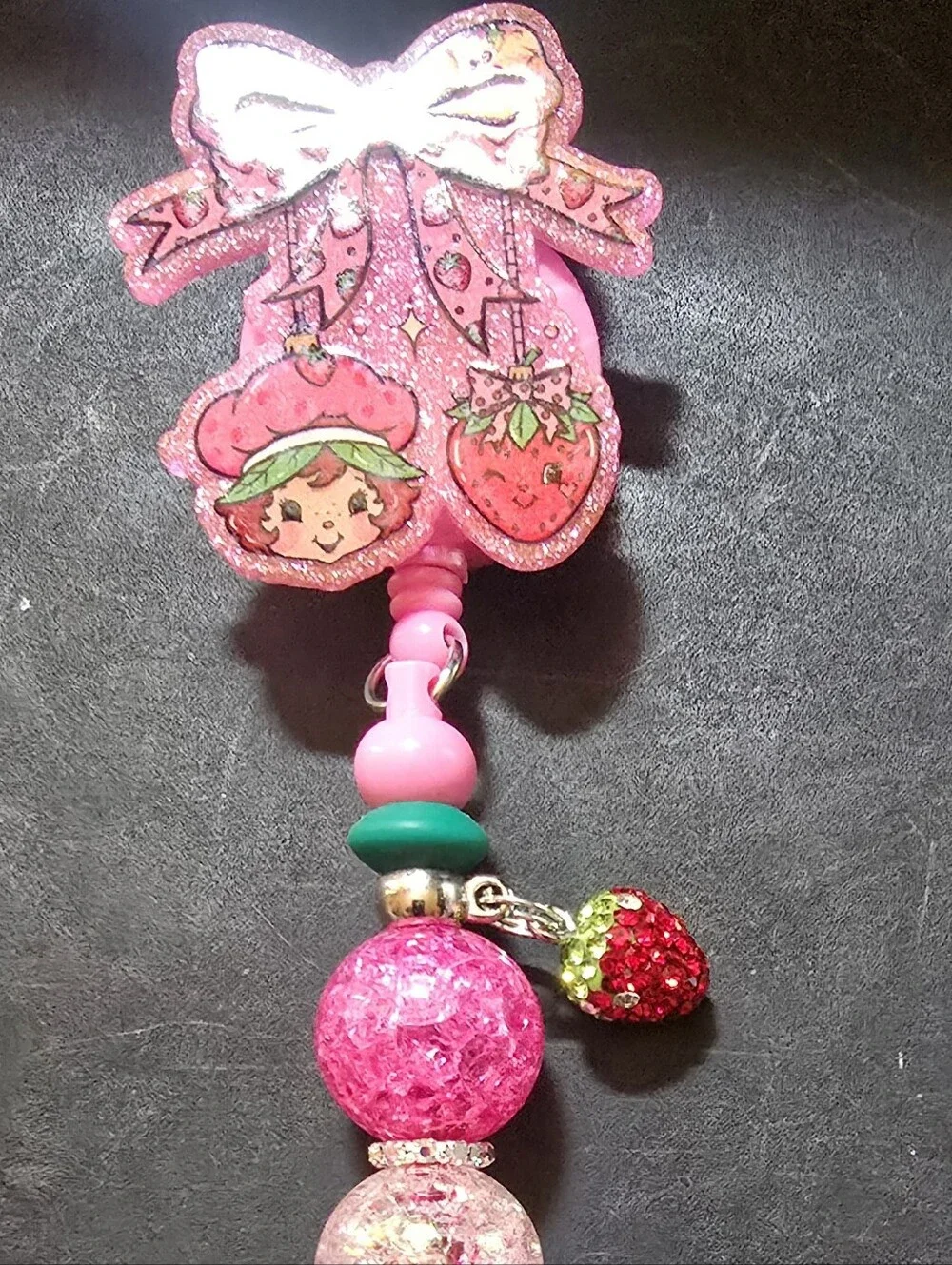 Pink Beaded Strawberry Charm Pendant Badge Reel Pen